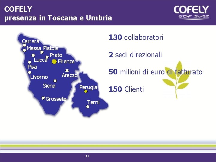COFELY presenza in Toscana e Umbria 130 collaboratori Carrara Massa Pistoia Prato Lucca Firenze