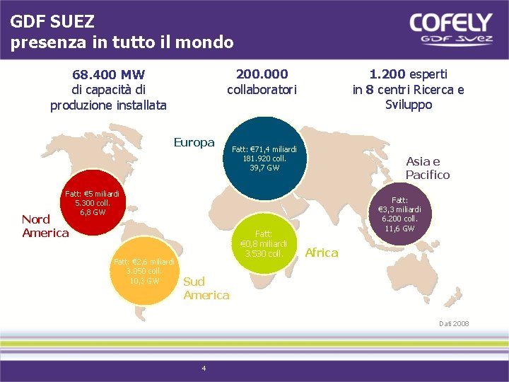 GDF SUEZ presenza in tutto il mondo 200. 000 collaboratori 68. 400 MW di