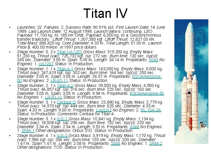 Titan IV • • Launches: 22. Failures: 2. Success Rate: 90. 91% pct. First Titan IV • • Launches: 22. Failures: 2. Success Rate: 90. 91% pct. First