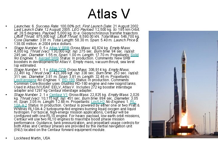 Atlas V • • • Launches: 6. Success Rate: 100. 00% pct. First Launch Atlas V • • • Launches: 6. Success Rate: 100. 00% pct. First Launch