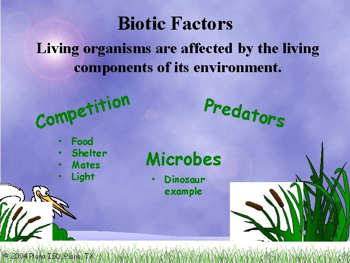 Biotic Factors Living organisms are affected by the living components of its environment. n