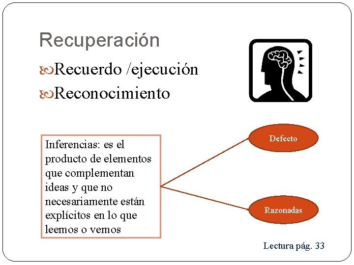 Recuperación Recuerdo /ejecución Reconocimiento Inferencias: es el producto de elementos que complementan ideas y