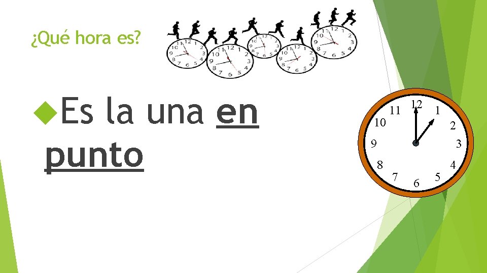 ¿Qué hora es? Es la una en punto 10 11 12 1 2 9