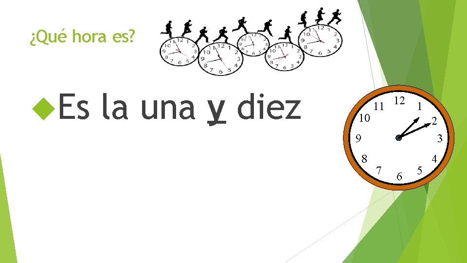 ¿Qué hora es? Es la una y diez 10 11 12 1 2 9 ¿Qué hora es? Es la una y diez 10 11 12 1 2 9