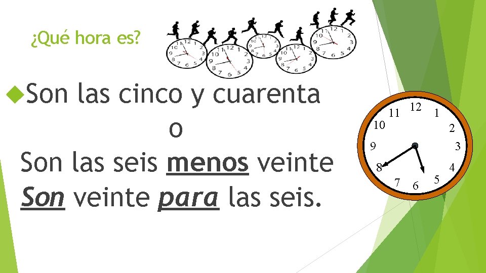 ¿Qué hora es? Son las cinco y cuarenta o Son las seis menos veinte