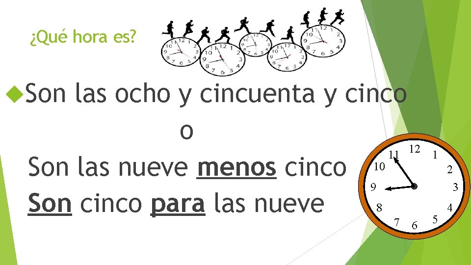 ¿Qué hora es? Son las ocho y cincuenta y cinco o 11 12 Son