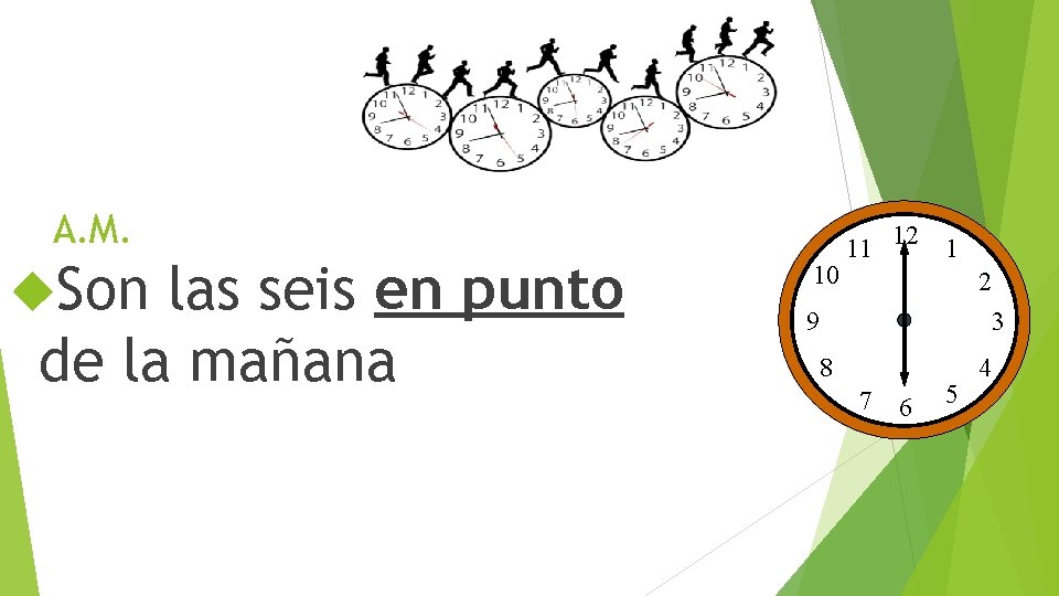 A. M. Son las seis en punto de la mañana 10 11 12 1 A. M. Son las seis en punto de la mañana 10 11 12 1