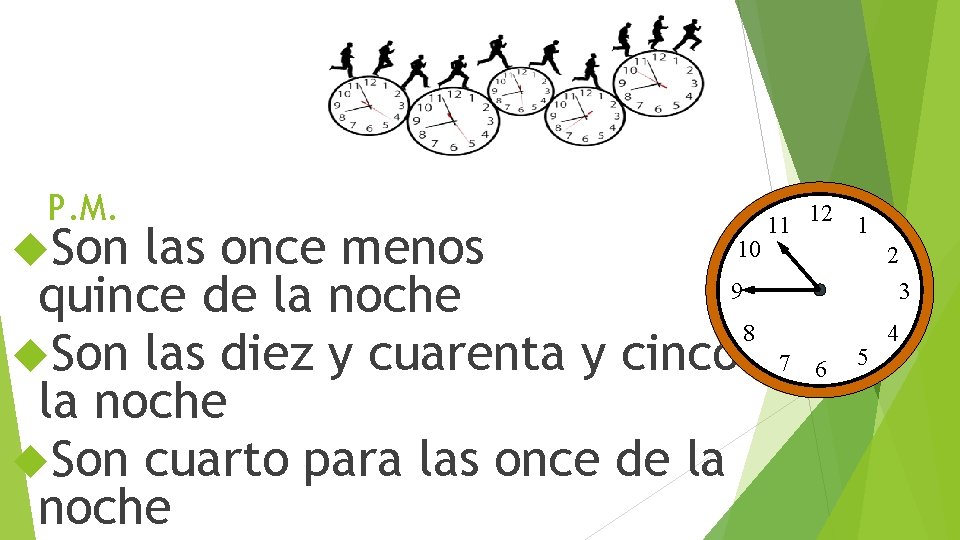 P. M. Son 11 12 10 las once menos 9 quince de la noche P. M. Son 11 12 10 las once menos 9 quince de la noche