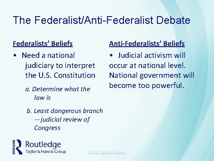 The Federalist/Anti-Federalist Debate Federalists’ Beliefs Anti-Federalists’ Beliefs • Need a national judiciary to interpret The Federalist/Anti-Federalist Debate Federalists’ Beliefs Anti-Federalists’ Beliefs • Need a national judiciary to interpret