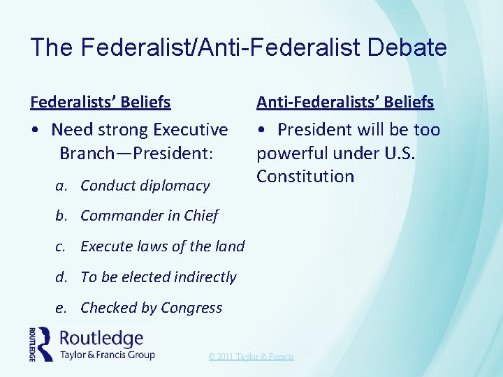 The Federalist/Anti-Federalist Debate Federalists’ Beliefs Anti-Federalists’ Beliefs • Need strong Executive Branch—President: • President The Federalist/Anti-Federalist Debate Federalists’ Beliefs Anti-Federalists’ Beliefs • Need strong Executive Branch—President: • President