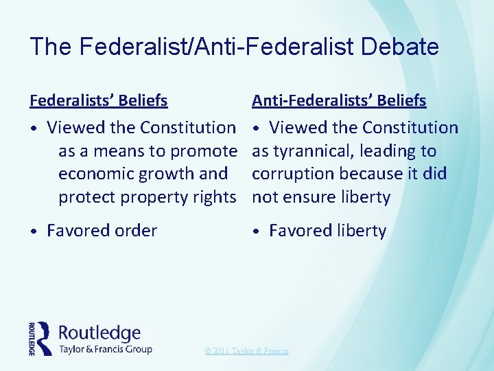 The Federalist/Anti-Federalist Debate Federalists’ Beliefs Anti-Federalists’ Beliefs • Viewed the Constitution as a means The Federalist/Anti-Federalist Debate Federalists’ Beliefs Anti-Federalists’ Beliefs • Viewed the Constitution as a means