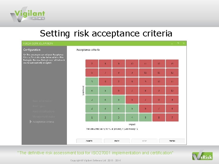 Setting risk acceptance criteria “The definitive risk assessment tool for ISO 27001 implementation and