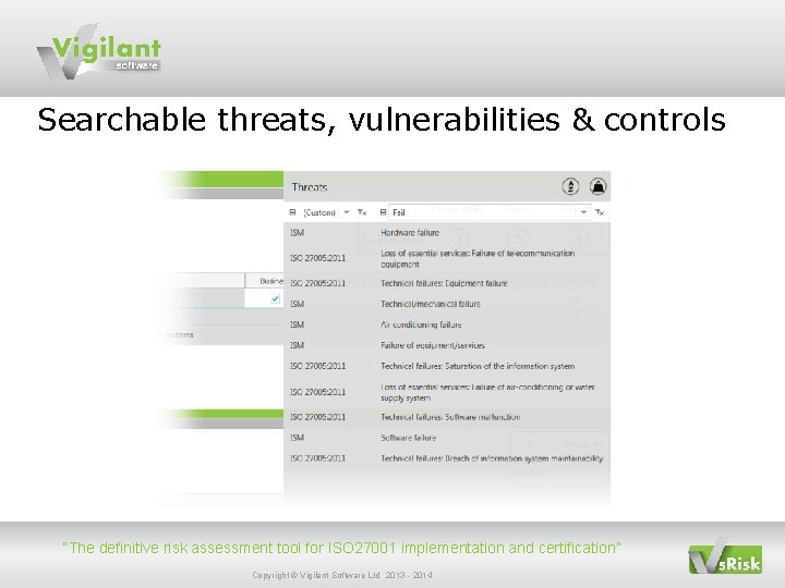 Searchable threats, vulnerabilities & controls “The definitive risk assessment tool for ISO 27001 implementation