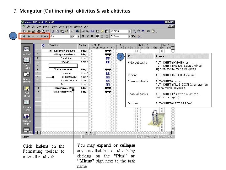 3. Mengatur (Outlinening) aktivitas & sub aktivitas 1 2 Click Indent on the Formatting