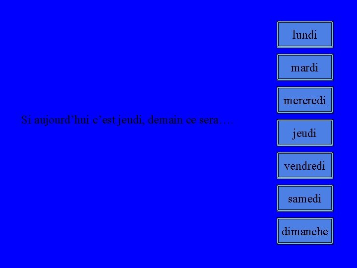 lundi mardi mercredi Si aujourd’hui c’est jeudi, demain ce sera…. jeudi vendredi samedi dimanche
