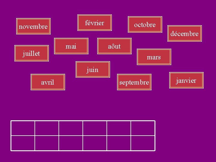 février novembre décembre mai juillet octobre aôut mars juin avril septembre janvier 