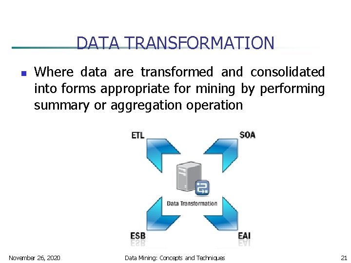DATA TRANSFORMATION n Where data are transformed and consolidated into forms appropriate for mining