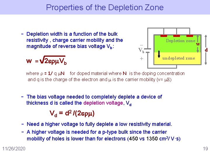 Properties of the Depletion Zone – Depletion width is a function of the bulk