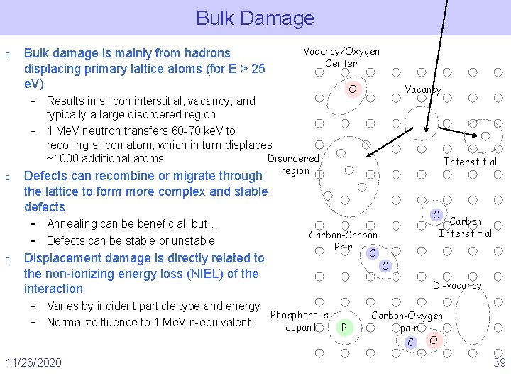 Bulk Damage o Bulk damage is mainly from hadrons displacing primary lattice atoms (for