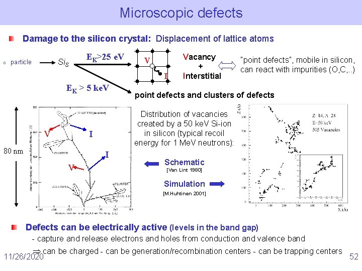 Microscopic defects Damage to the silicon crystal: Displacement of lattice atoms o Si. S