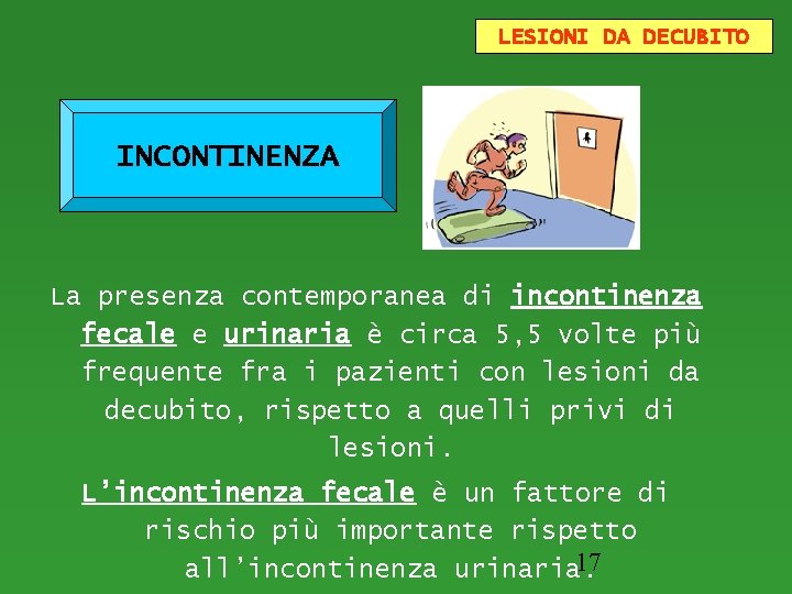 LESIONI DA DECUBITO INCONTINENZA La presenza contemporanea di incontinenza fecale e urinaria è circa