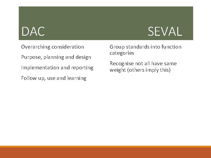 DAC Overarching consideration Purpose, planning and design Implementation and reporting Follow up, use and