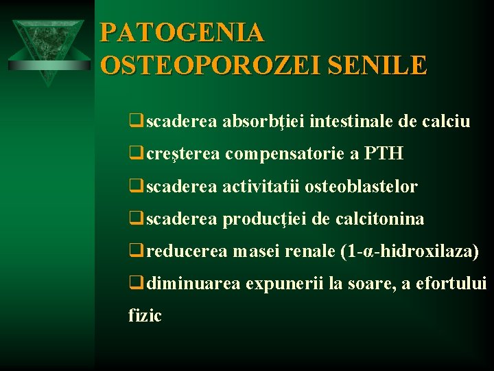 PATOGENIA OSTEOPOROZEI SENILE qscaderea absorbţiei intestinale de calciu qcreşterea compensatorie a PTH qscaderea activitatii