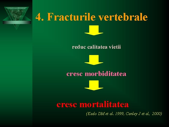 4. Fracturile vertebrale reduc calitatea vietii cresc morbiditatea cresc mortalitatea (Kado DM et al.