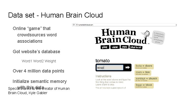 Data set - Human Brain Cloud Online “game” that crowdsources word associations Got website’s