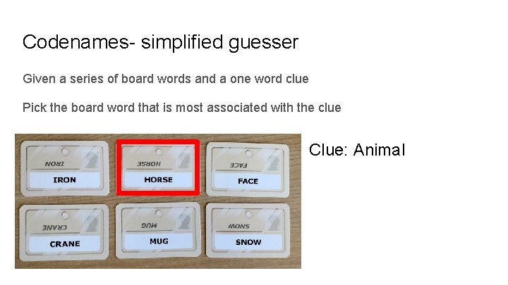 Codenames- simplified guesser Given a series of board words and a one word clue