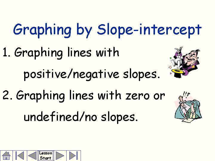 Graphing by Slope-intercept 1. Graphing lines with positive/negative slopes. 2. Graphing lines with zero