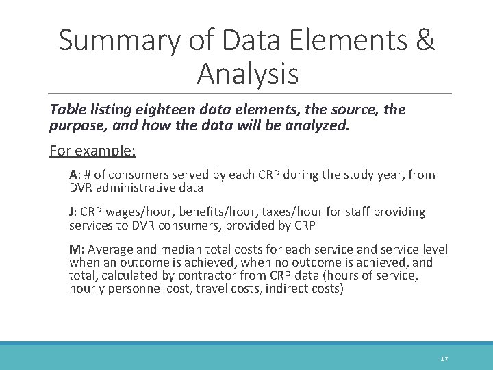 Summary of Data Elements & Analysis Table listing eighteen data elements, the source, the
