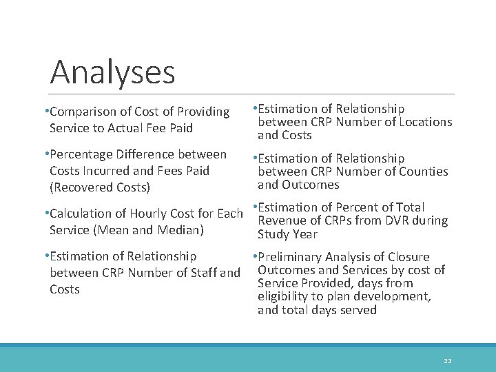 Analyses • Comparison of Cost of Providing Service to Actual Fee Paid • Estimation