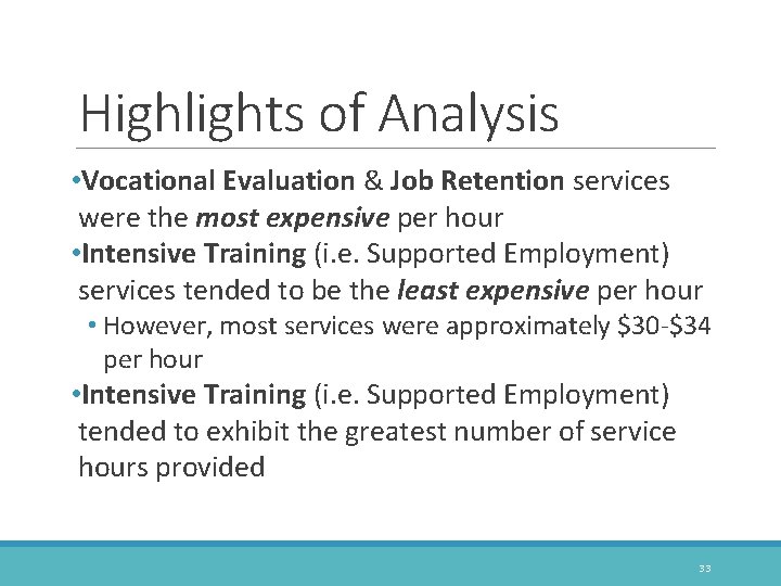 Highlights of Analysis • Vocational Evaluation & Job Retention services were the most expensive