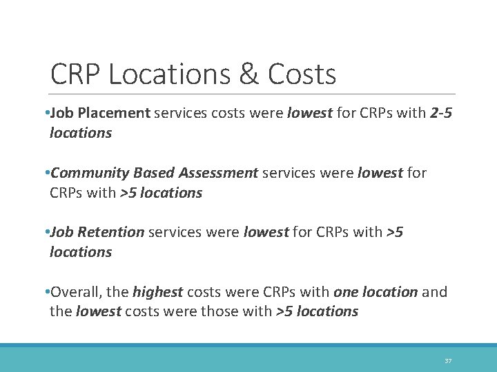 CRP Locations & Costs • Job Placement services costs were lowest for CRPs with