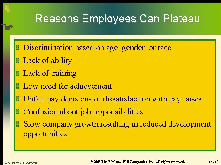 Reasons Employees Can Plateau Discrimination based on age, gender, or race Lack of ability