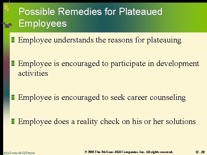 Possible Remedies for Plateaued Employees Employee understands the reasons for plateauing Employee is encouraged