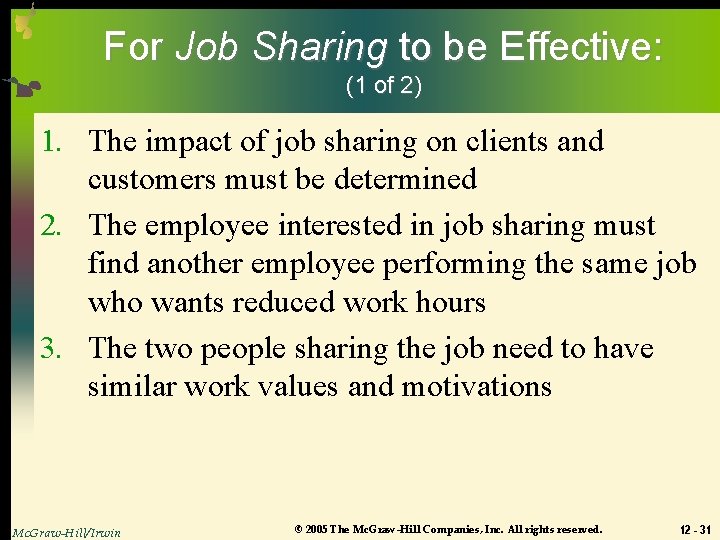 For Job Sharing to be Effective: (1 of 2) 1. The impact of job