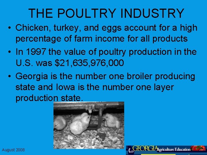 THE POULTRY INDUSTRY • Chicken, turkey, and eggs account for a high percentage of