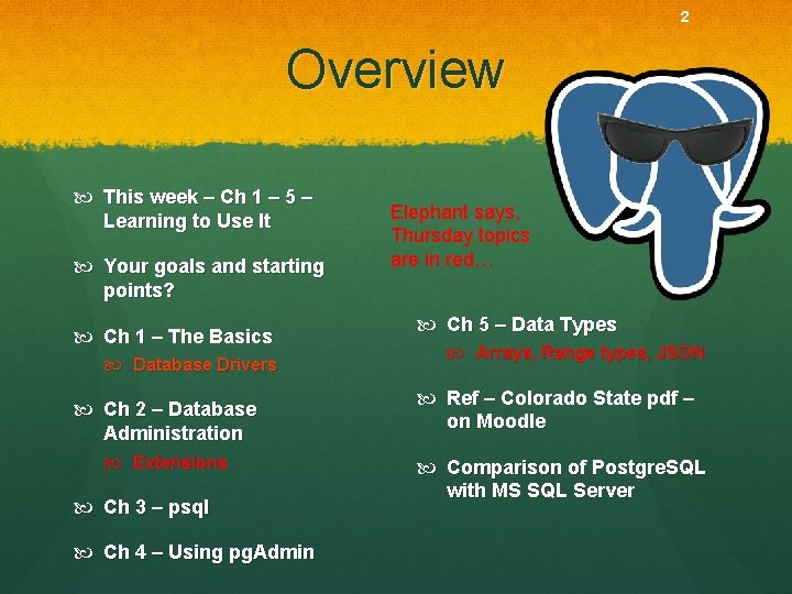 2 Overview This week – Ch 1 – 5 – Learning to Use It