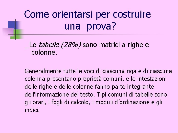 Come orientarsi per costruire una prova? _Le tabelle (28%) sono matrici a righe e