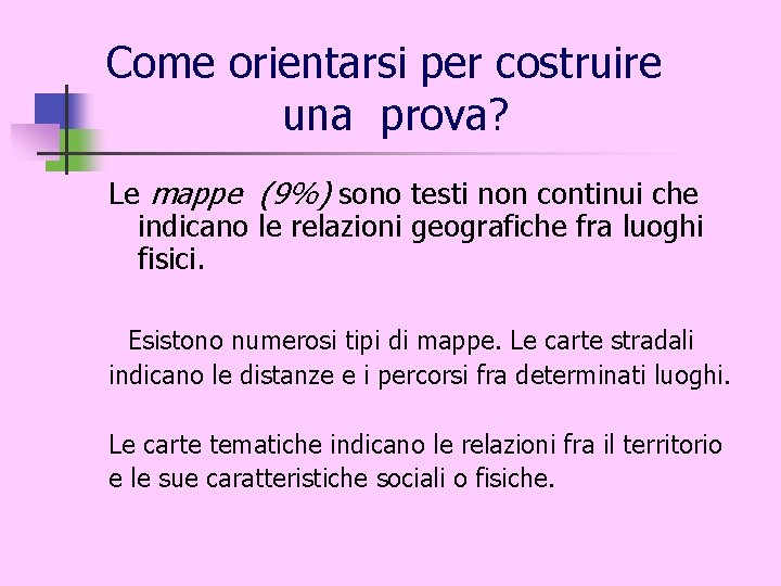 Come orientarsi per costruire una prova? Le mappe (9%) sono testi non continui che