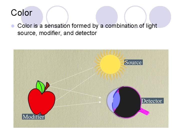 Color l Color is a sensation formed by a combination of light source, modifier,