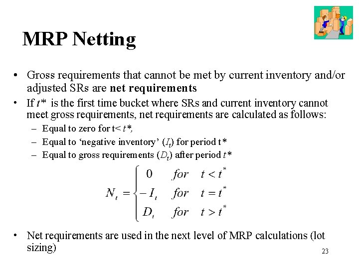 MRP Netting • Gross requirements that cannot be met by current inventory and/or adjusted