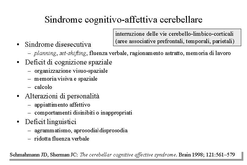 Sindrome cognitivo-affettiva cerebellare • Sindrome disesecutiva interruzione delle vie cerebello-limbico-corticali (aree associative prefrontali, temporali,