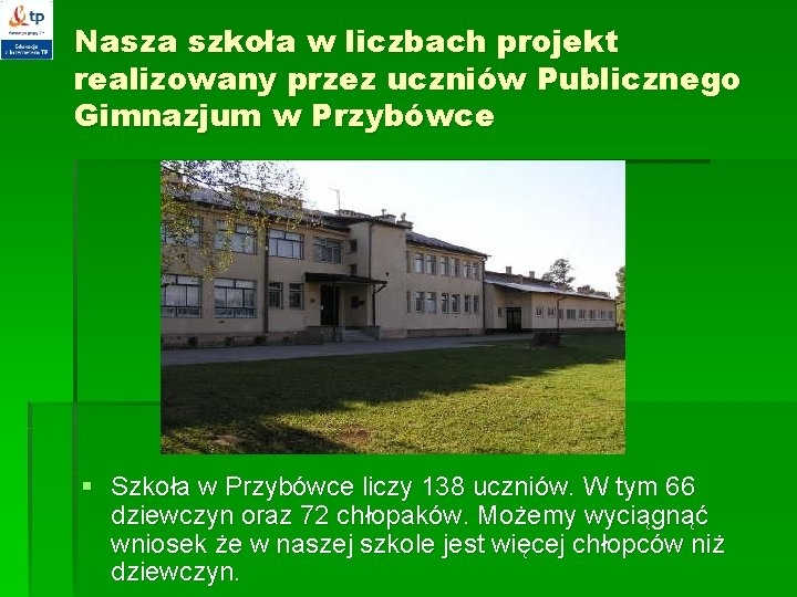 Nasza szkoła w liczbach projekt realizowany przez uczniów Publicznego Gimnazjum w Przybówce § Szkoła