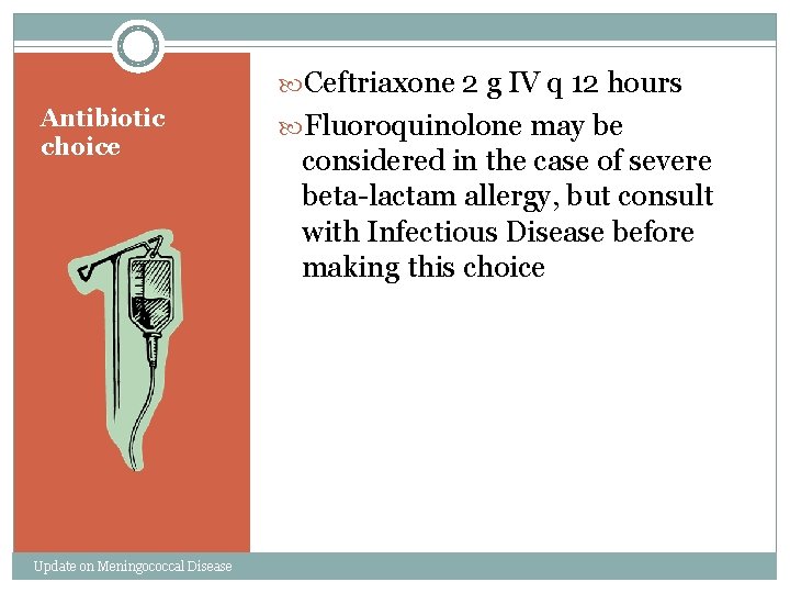  Ceftriaxone 2 g IV q 12 hours Antibiotic choice Update on Meningococcal Disease