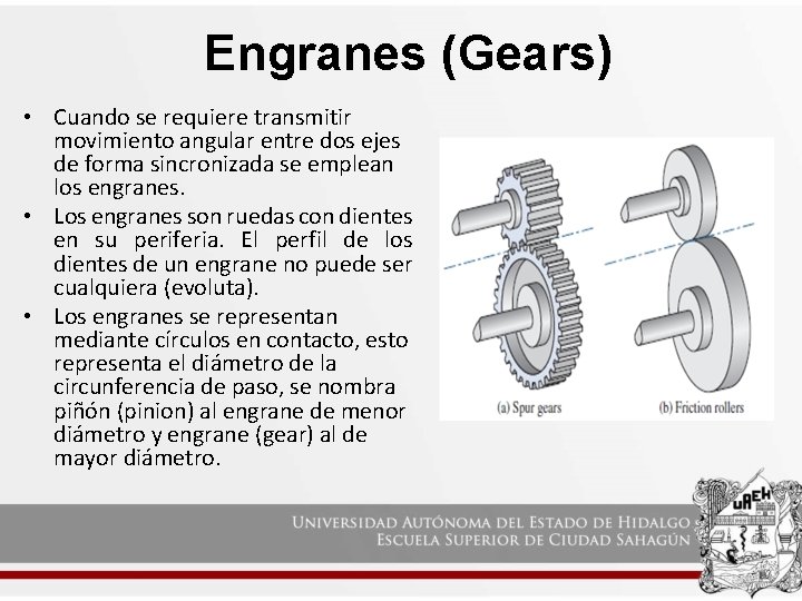 Engranes (Gears) • Cuando se requiere transmitir movimiento angular entre dos ejes de forma