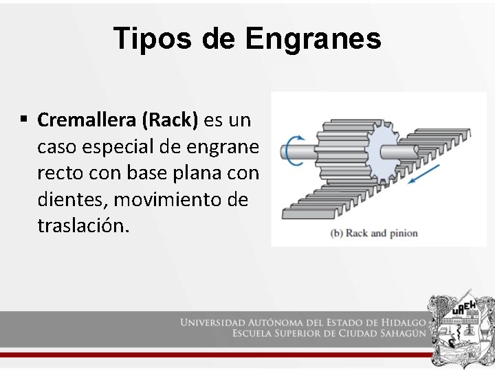 Tipos de Engranes § Cremallera (Rack) es un caso especial de engrane recto con