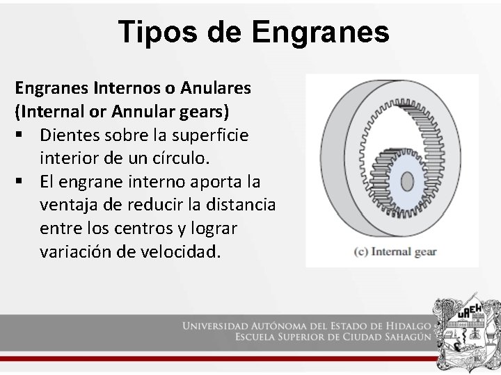 Tipos de Engranes Internos o Anulares (Internal or Annular gears) § Dientes sobre la